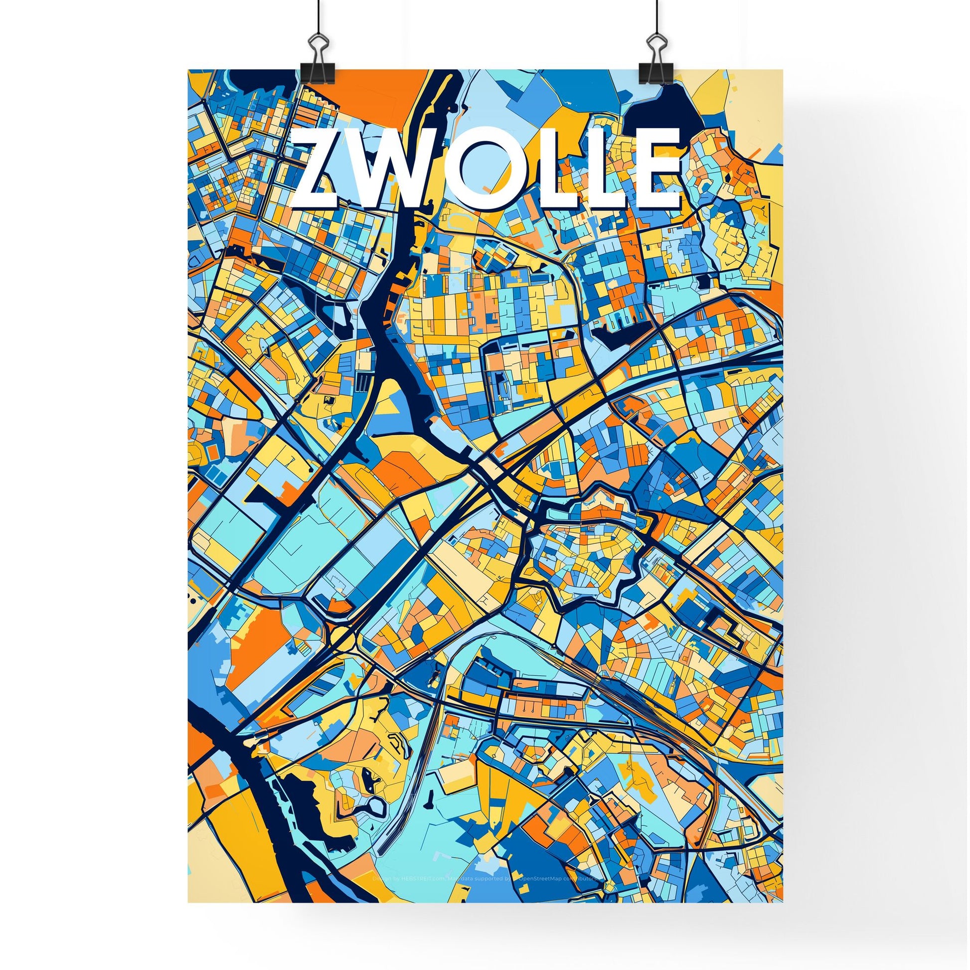 ZWOLLE NETHERLANDS Vibrant Colorful Art Map Poster Blue Orange
