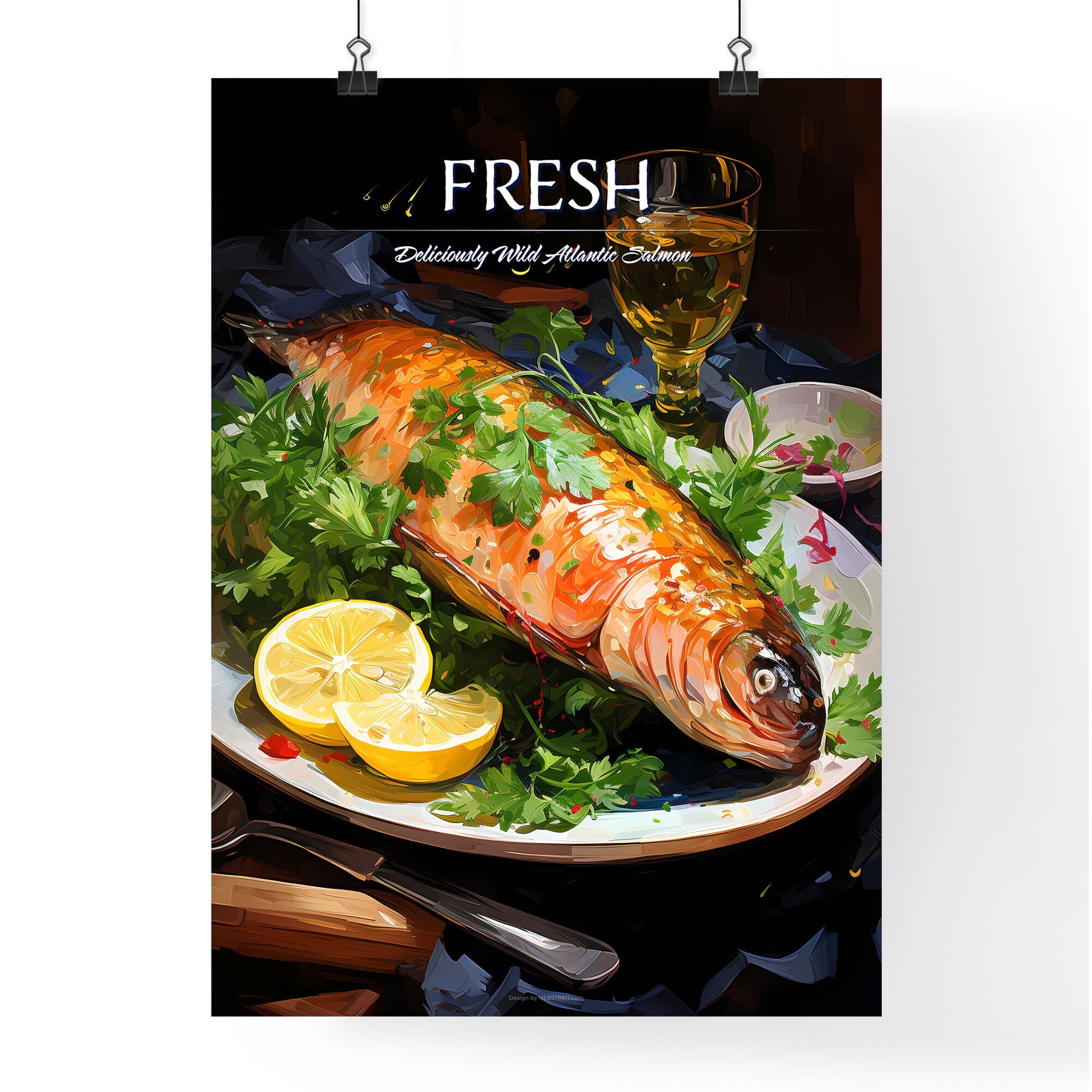 Atlantic Salmon With A Rocket Salad Garnished - A Fish On A Plate With Lemons And Parsley Default Title