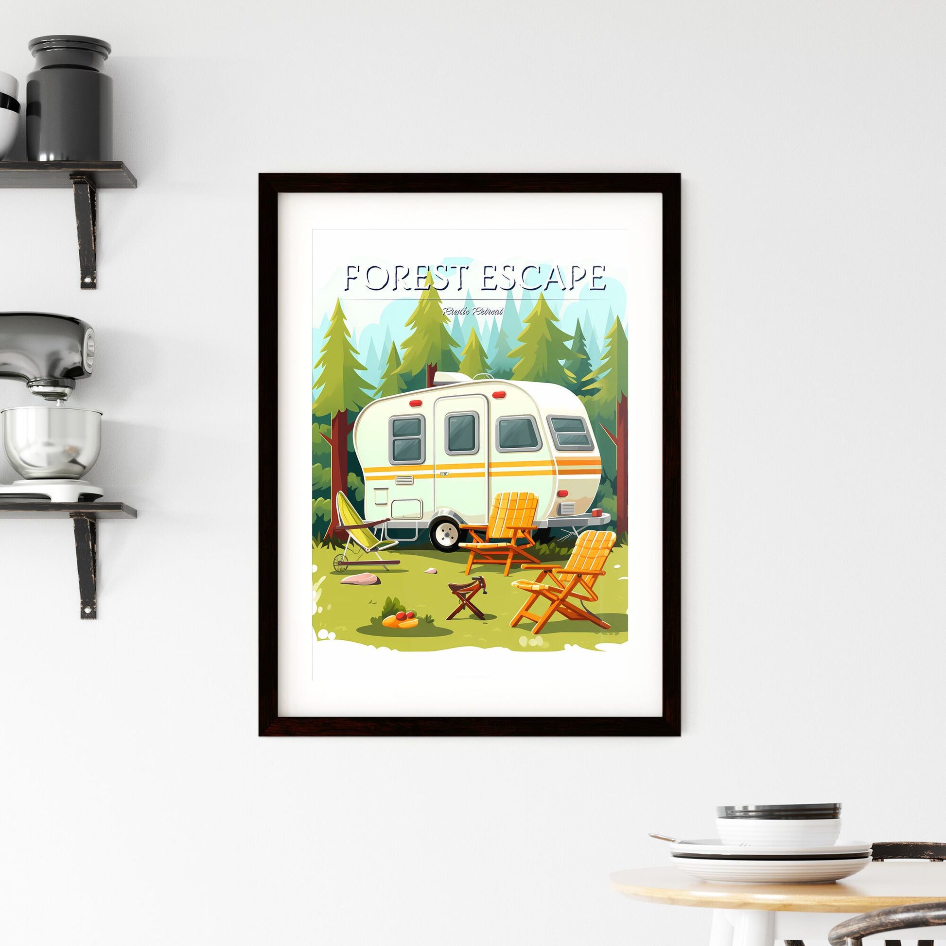 Camper Trailer And Chairs In A Forest Art Print Default Title