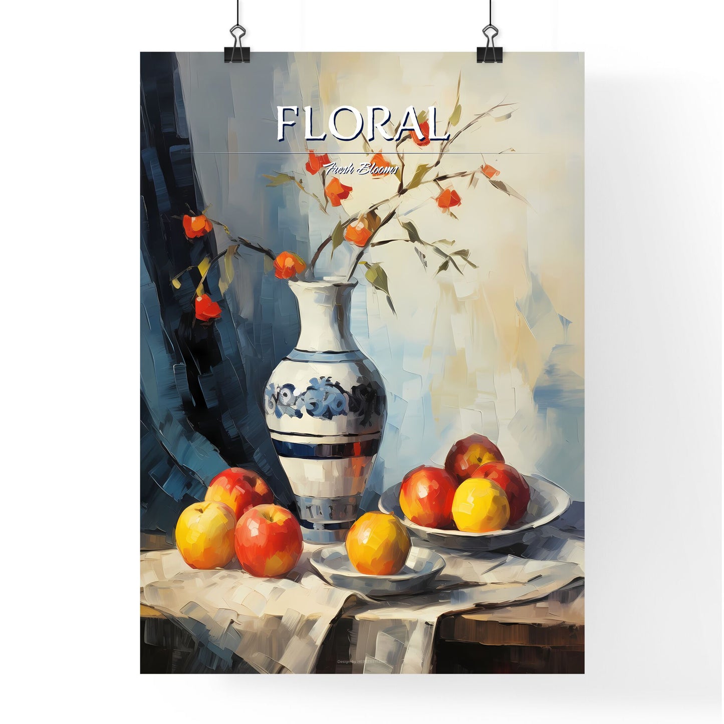 Painting Of A Vase With Flowers In It And Apples On A Table Art Print Default Title