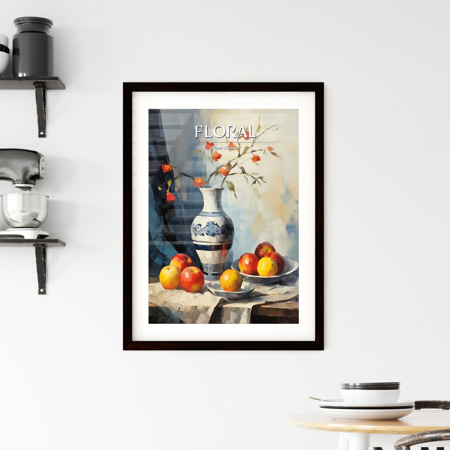 Painting Of A Vase With Flowers In It And Apples On A Table Art Print Default Title