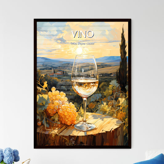 White Wine On Background Of Evening Vineyard - A Glass Of Wine On A Table With Grapes And A Sunset In The Background Default Title