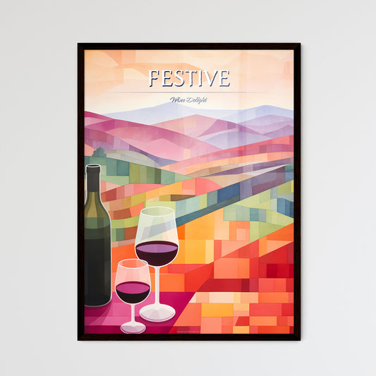 Wine Bottle And Glasses With A Landscape Behind It Art Print Default Title