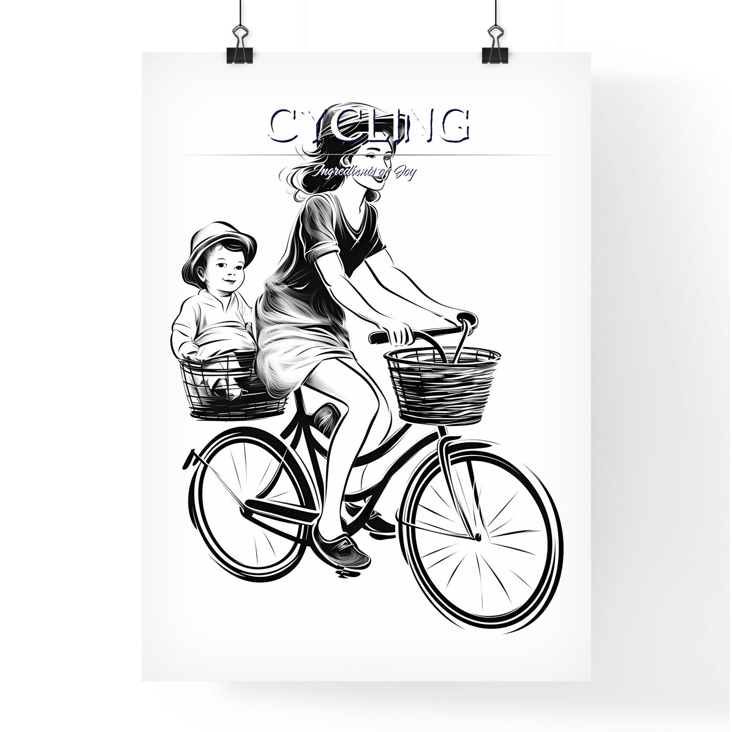 Woman Riding A Bicycle With A Baby In Baskets Art Print Default Title