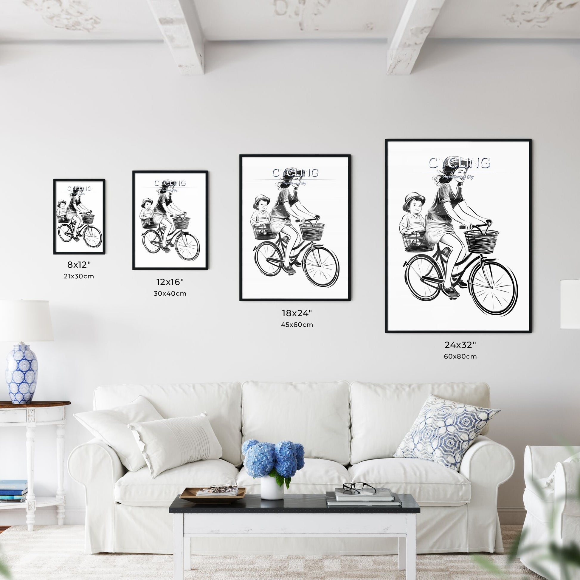 Woman Riding A Bicycle With A Baby In Baskets Art Print Default Title
