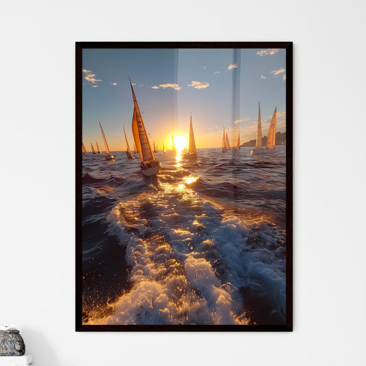 Vibrant seascape painting. Panoramic view sailboat race. Group of sailboats on the water. The point of view of the camera inside one of the boats. Default Title