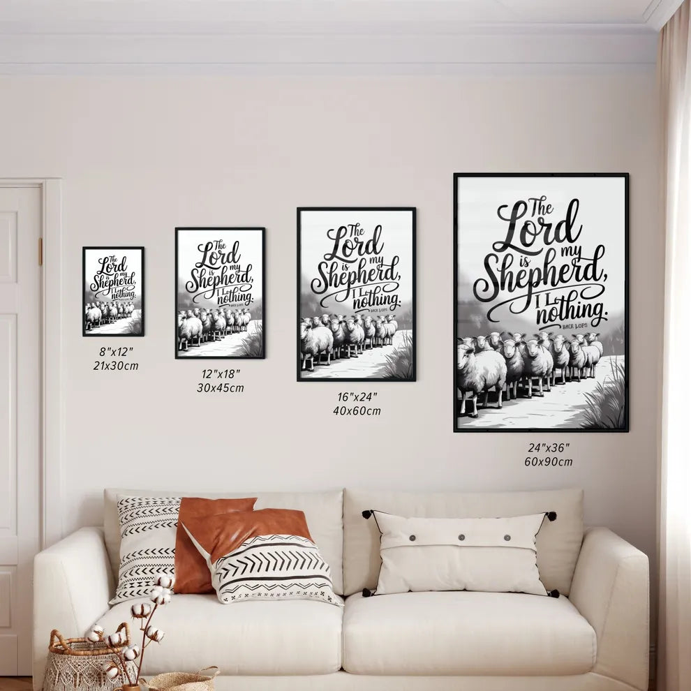Size Chart for Poster of Text illustration featuring sheep and a biblical quote.