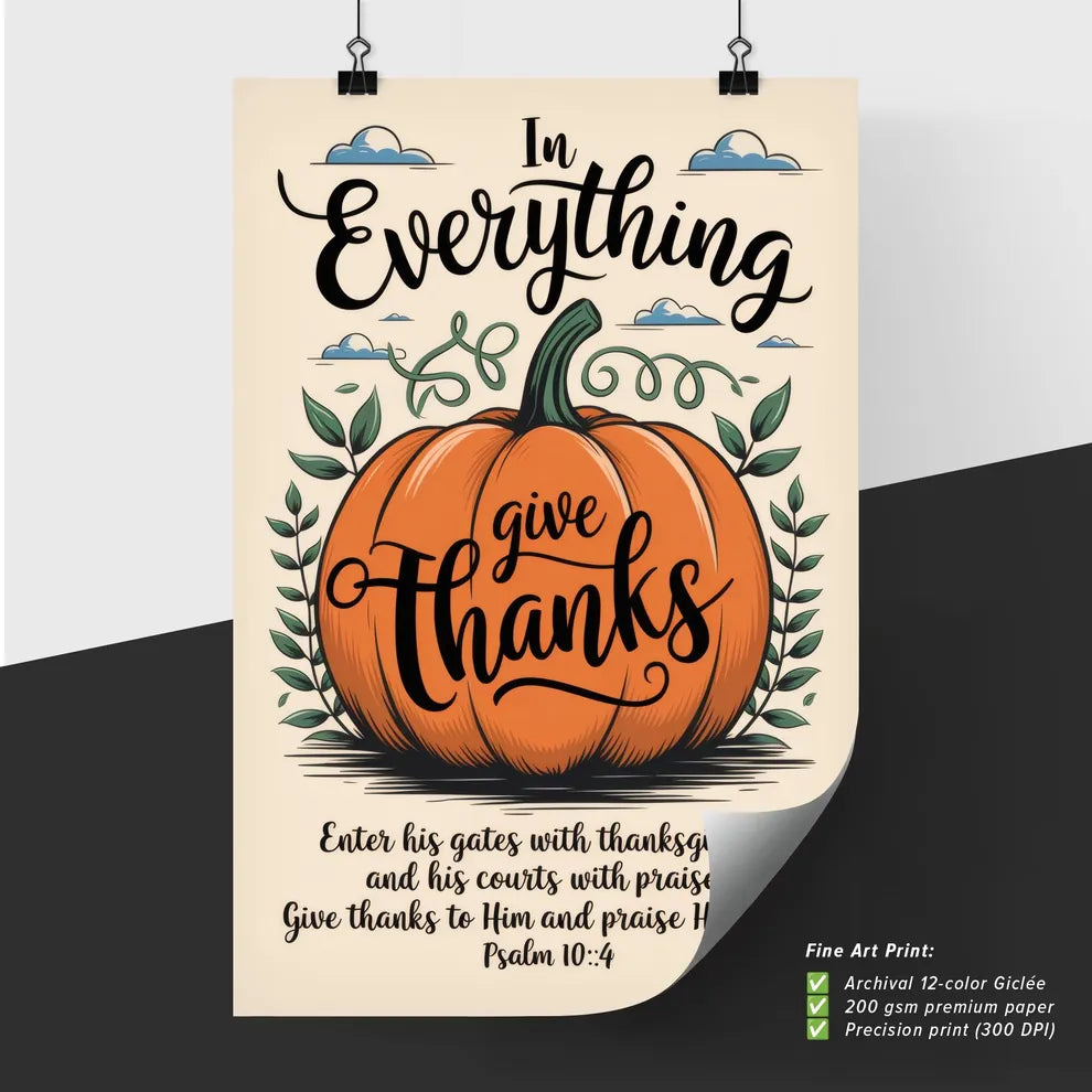 Poster of Pumpkin-themed Thanksgiving art with scripture.