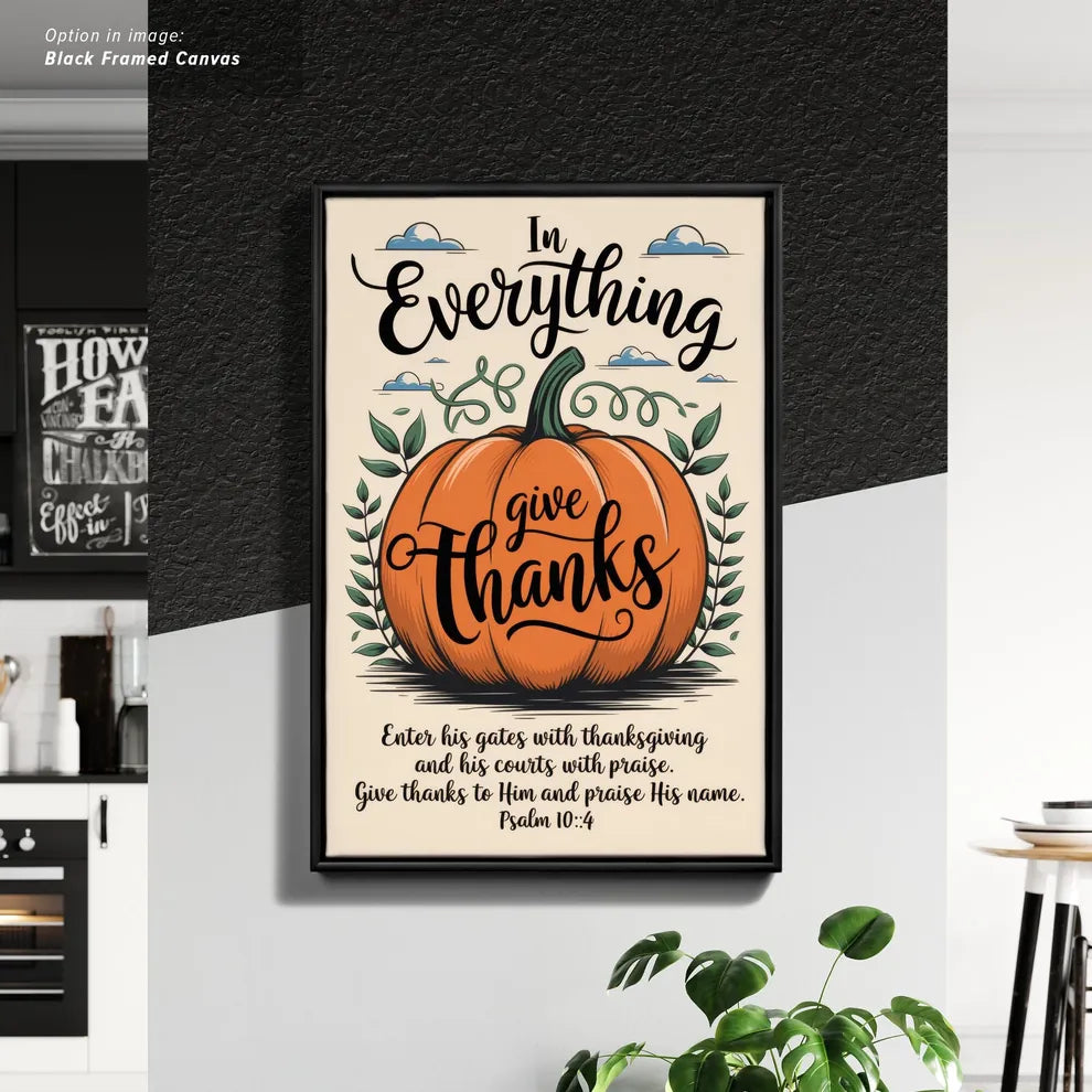 Framed Cancas Print of Pumpkin-themed Thanksgiving art with scripture.