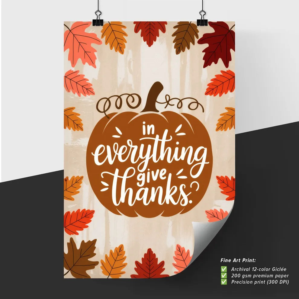 Poster of Fall themed Thanksgiving design with a pumpkin and leaves.