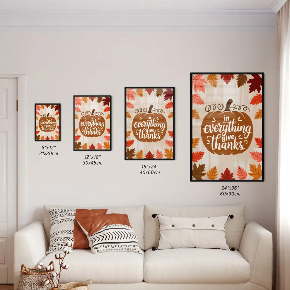 Size Chart for Poster of Fall themed Thanksgiving design with a pumpkin and leaves.