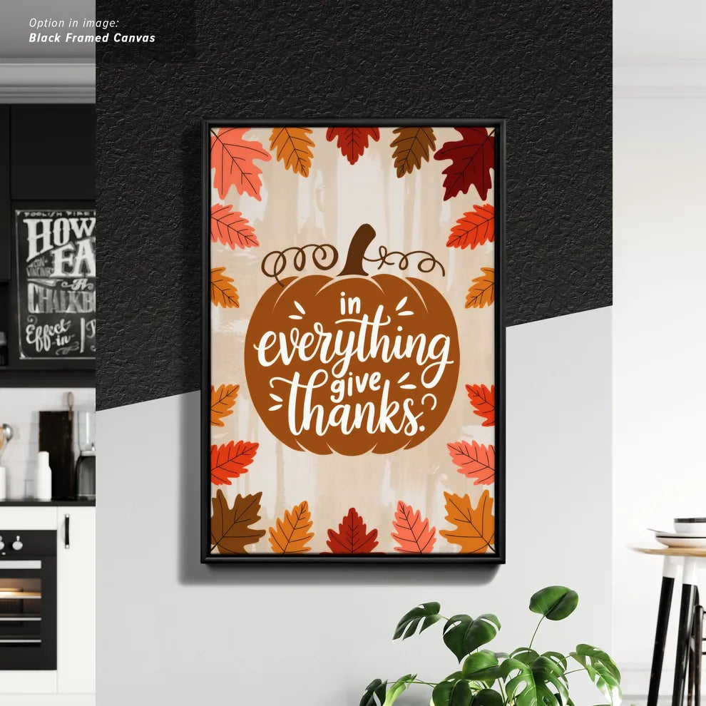 Framed Cancas Print of Fall themed Thanksgiving design with a pumpkin and leaves.