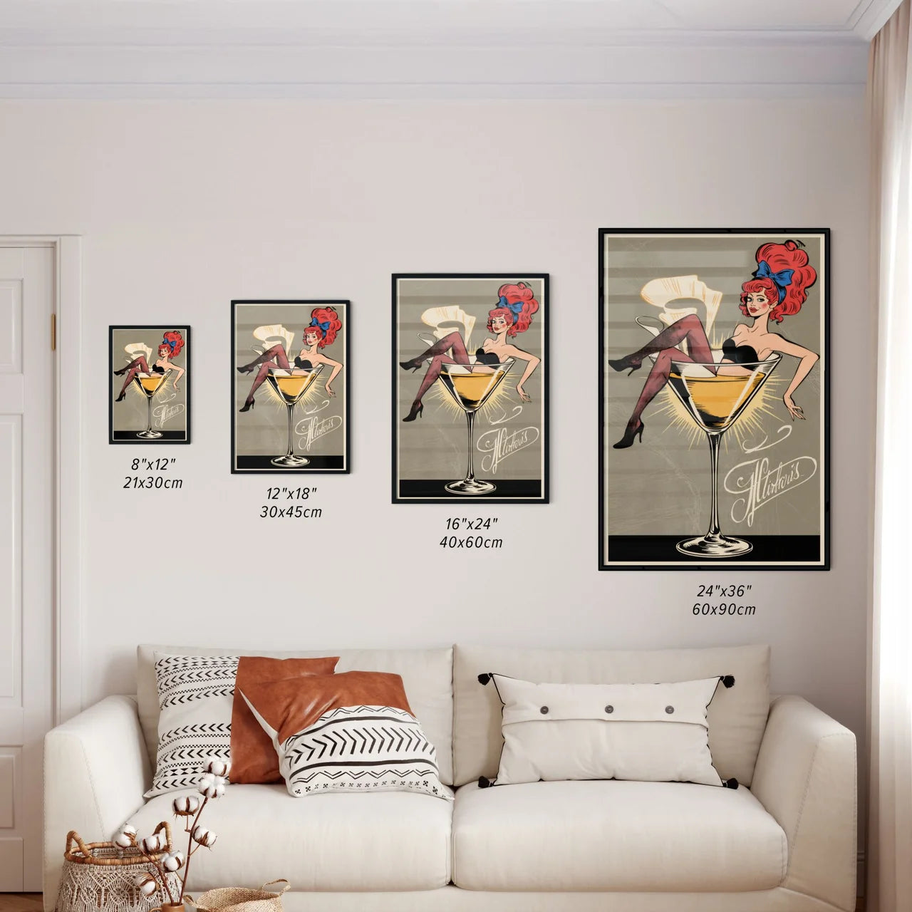Size Chart for Poster of Retro pin-up girl in a martini glass
