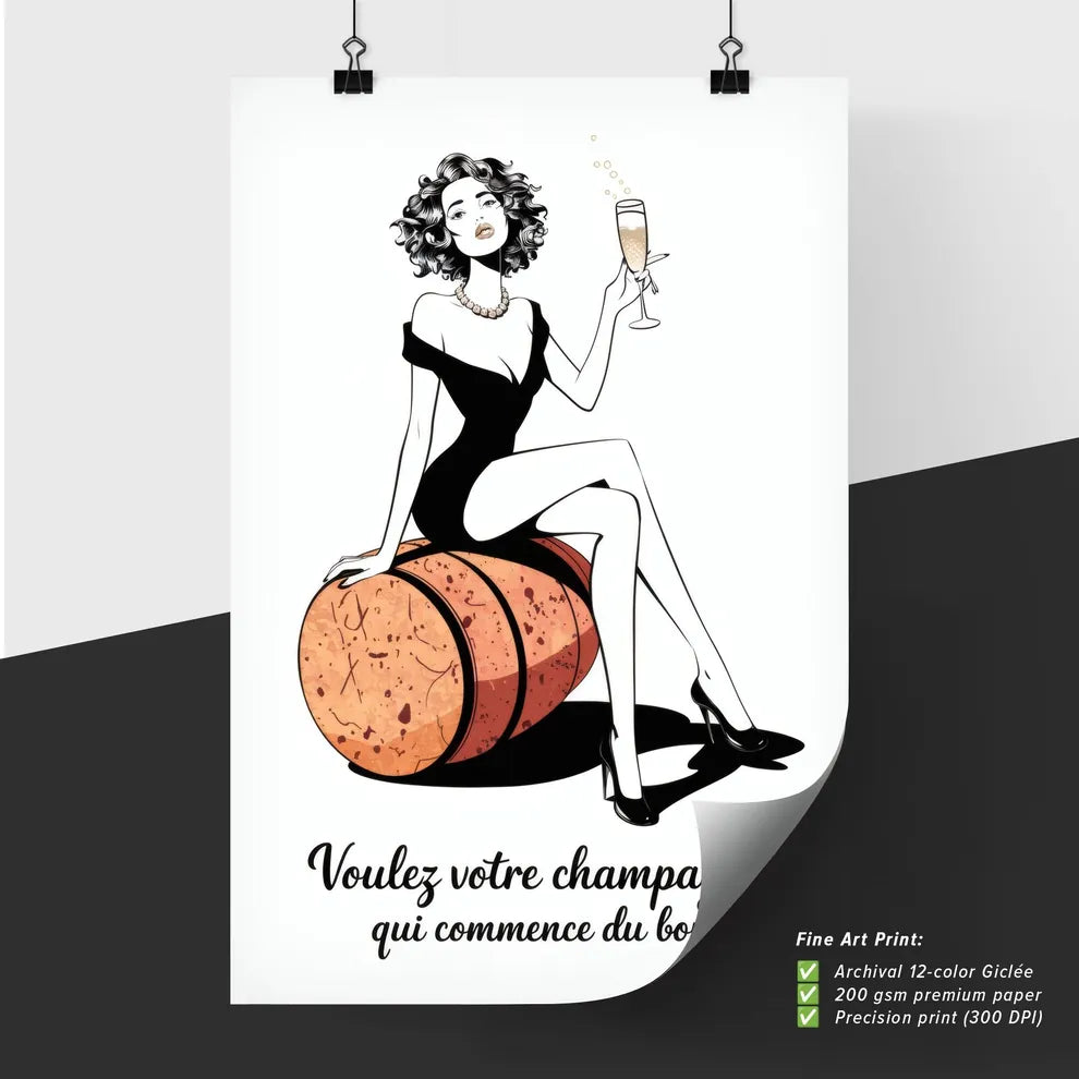 Poster of Elegant woman with champagne on a barrel