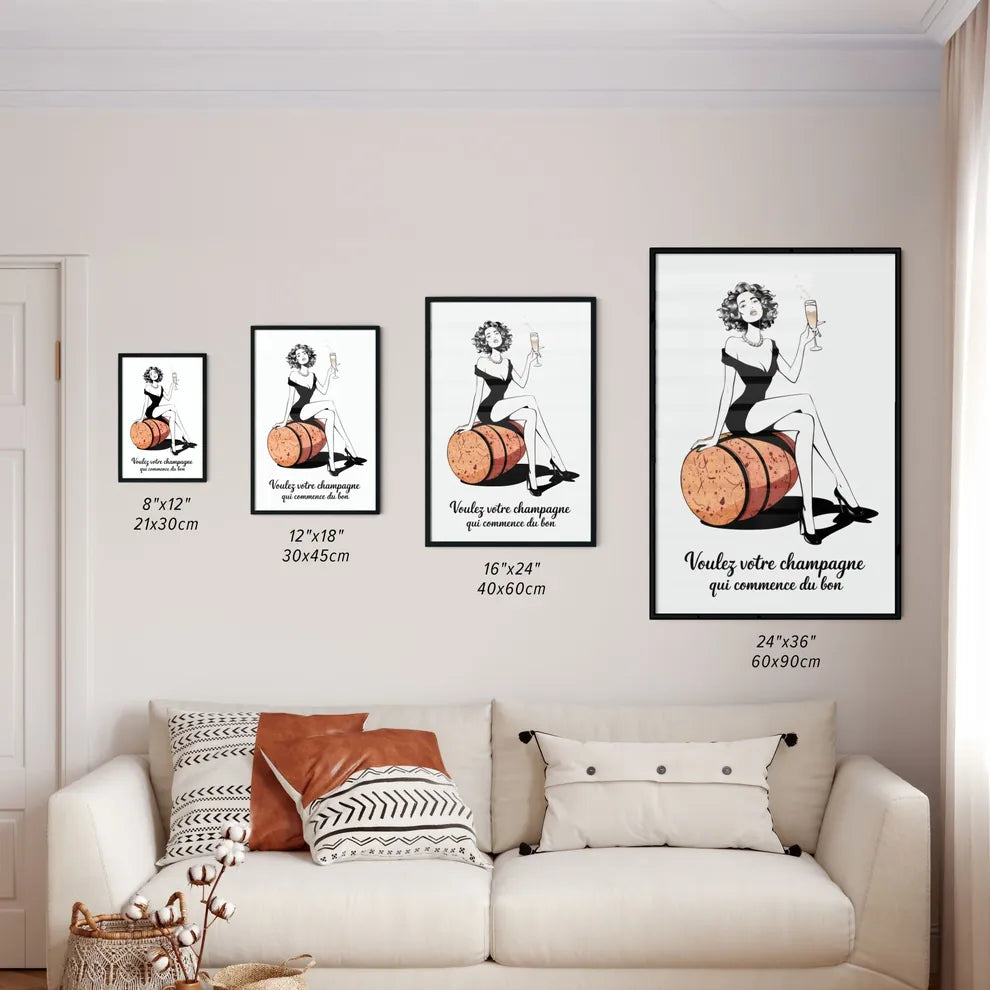 Size Chart for Poster of Elegant woman with champagne on a barrel
