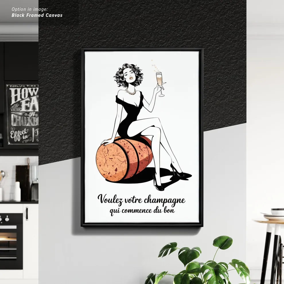 Framed Cancas Print of Elegant woman with champagne on a barrel