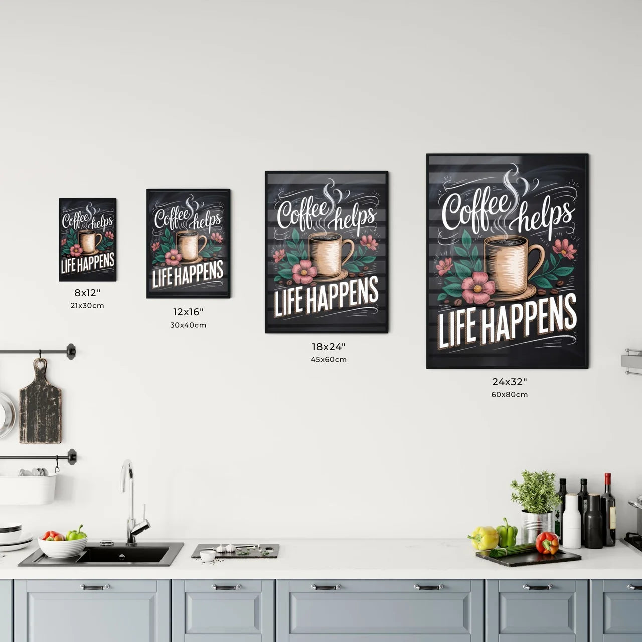 Artistic Coffee Quote: 'Coffee Helps Life Happens' with Floral Accents and Steam on Dark Background. Chart