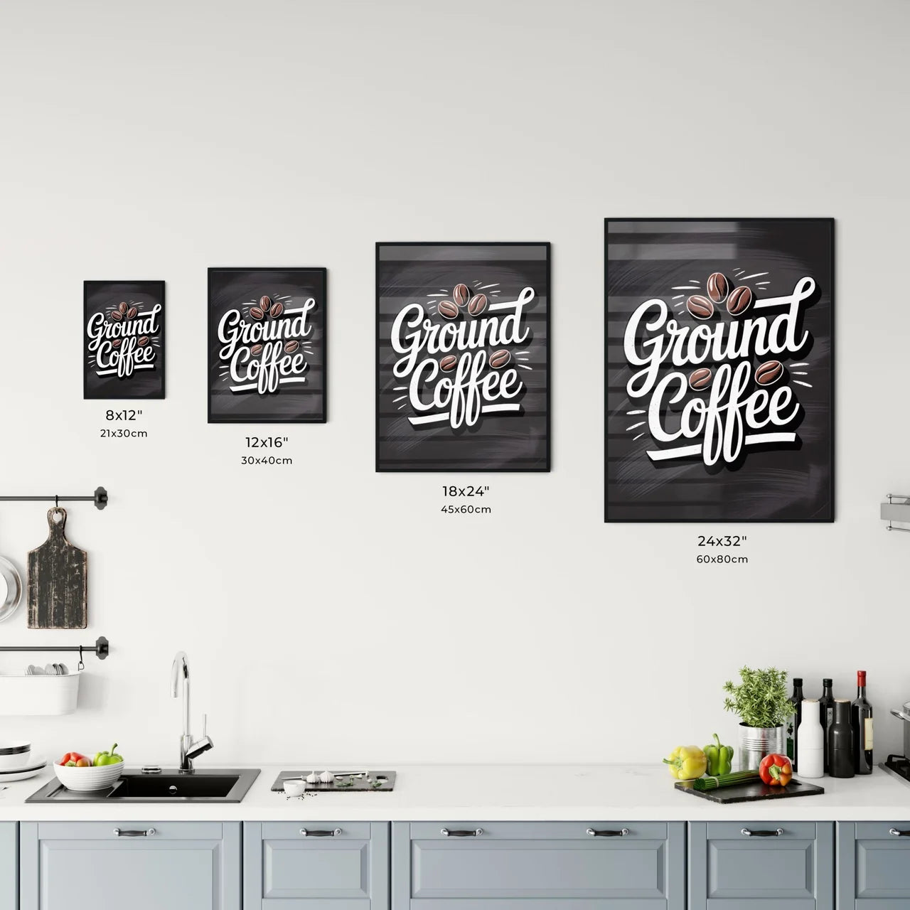 Artistic Typography Design of Ground Coffee with Coffee Beans on a Dark Background Chart
