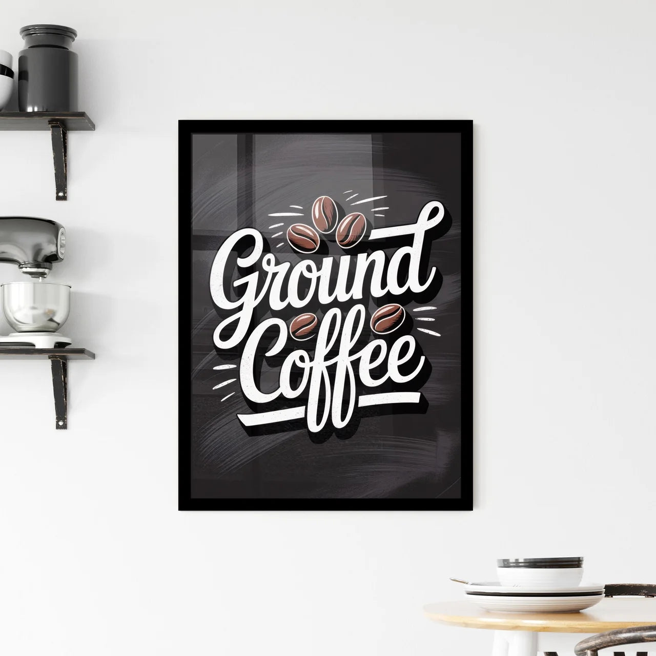Artistic Typography Design of Ground Coffee with Coffee Beans on a Dark Background Framed Print