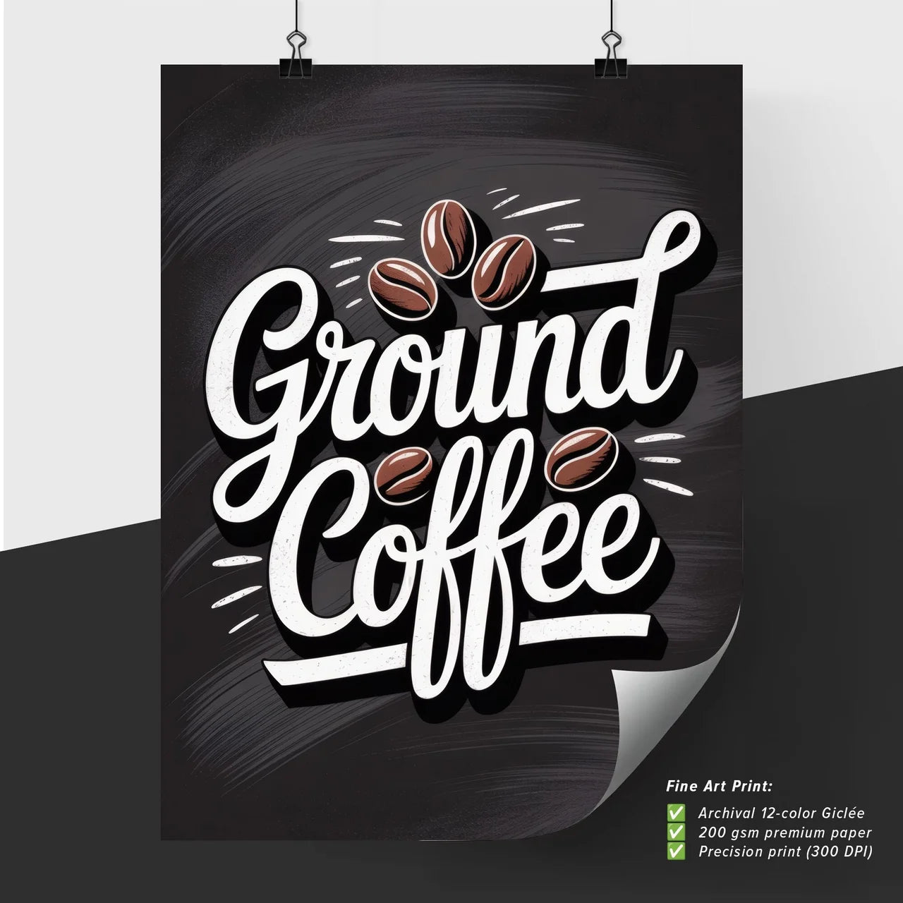 Artistic Typography Design of Ground Coffee with Coffee Beans on a Dark Background
