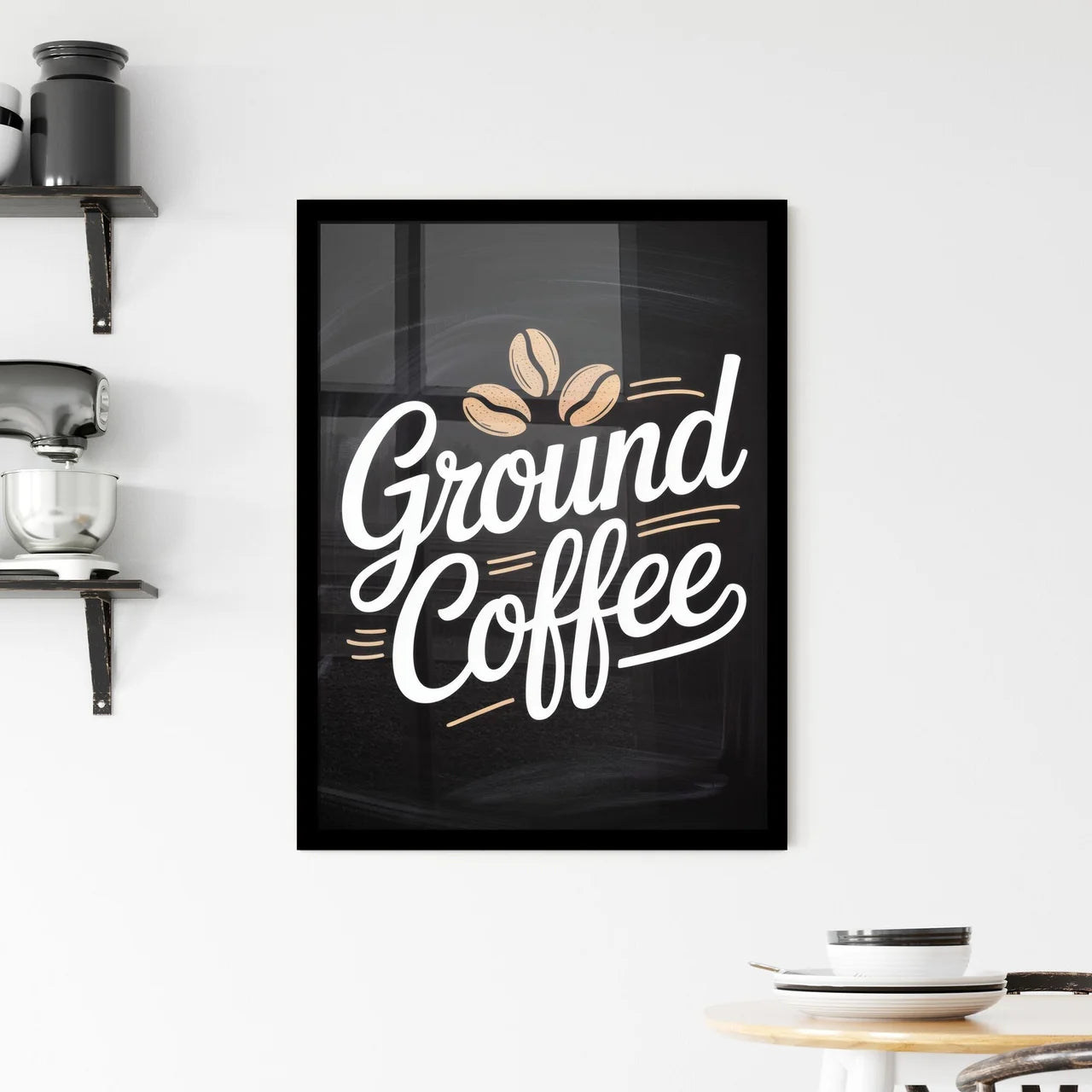 “Artistic Typography of Ground Coffee with Coffee Beans on a Chalkboard Background.” Framed Print