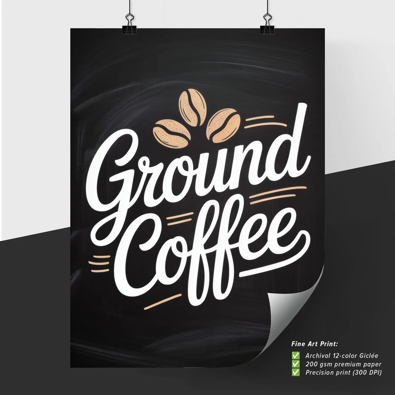 “Artistic Typography of Ground Coffee with Coffee Beans on a Chalkboard Background.”