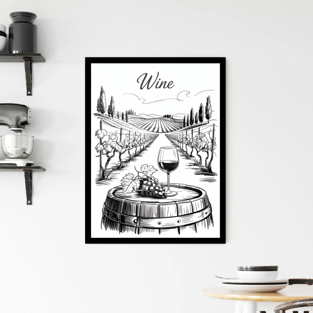Artistic Illustration of Wine Glass and Grapes in a Beautiful Vineyard Landscape Framed Print