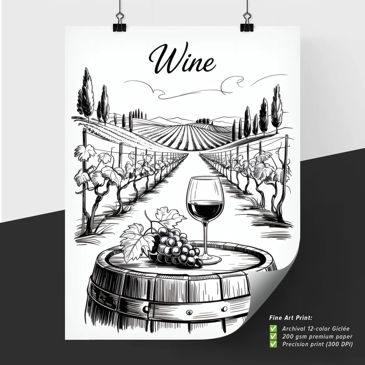 Artistic Illustration of Wine Glass and Grapes in a Beautiful Vineyard Landscape