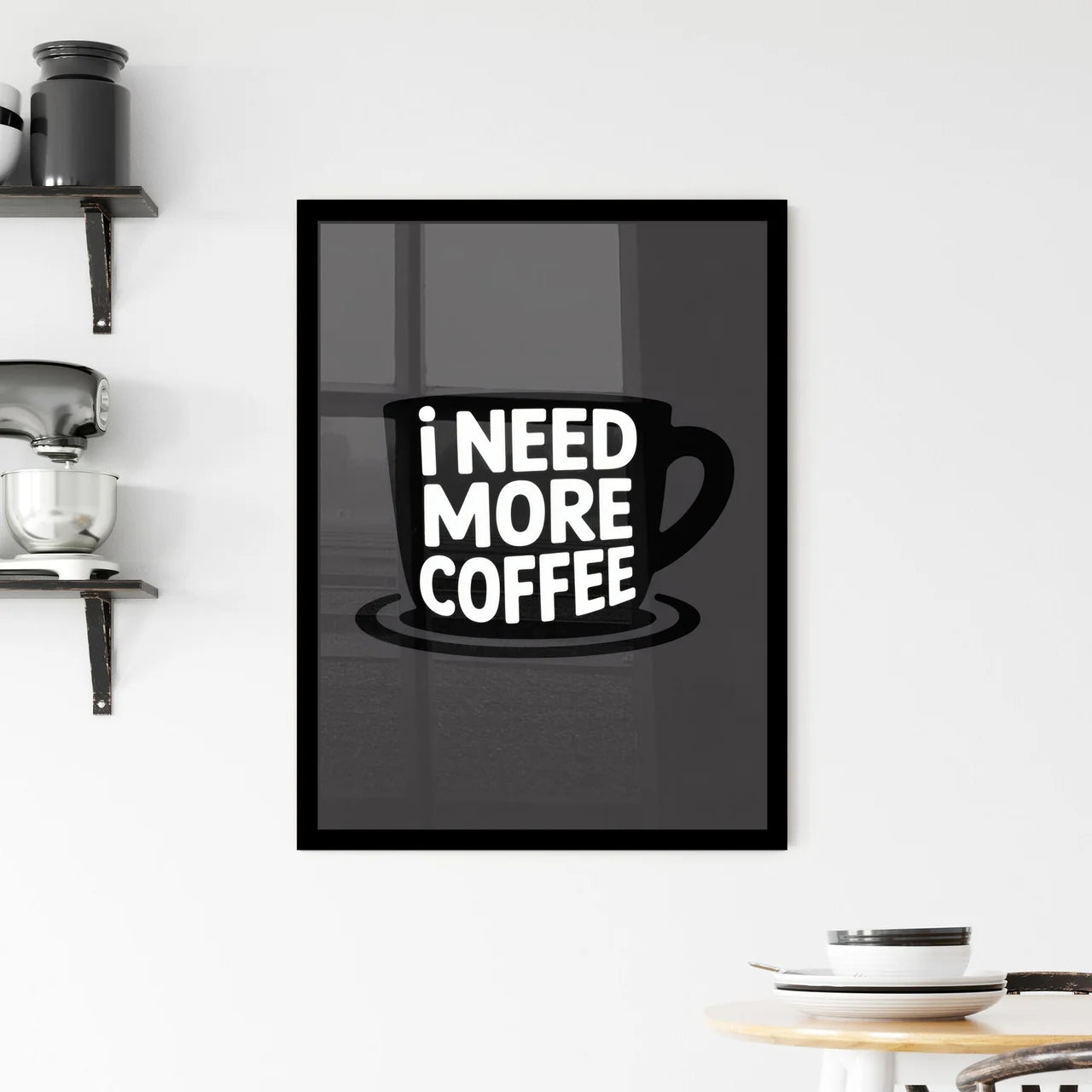 Bold Coffee Mug Design Featuring The Phrase 'I Need More Coffee' on Dark Background. Framed Print