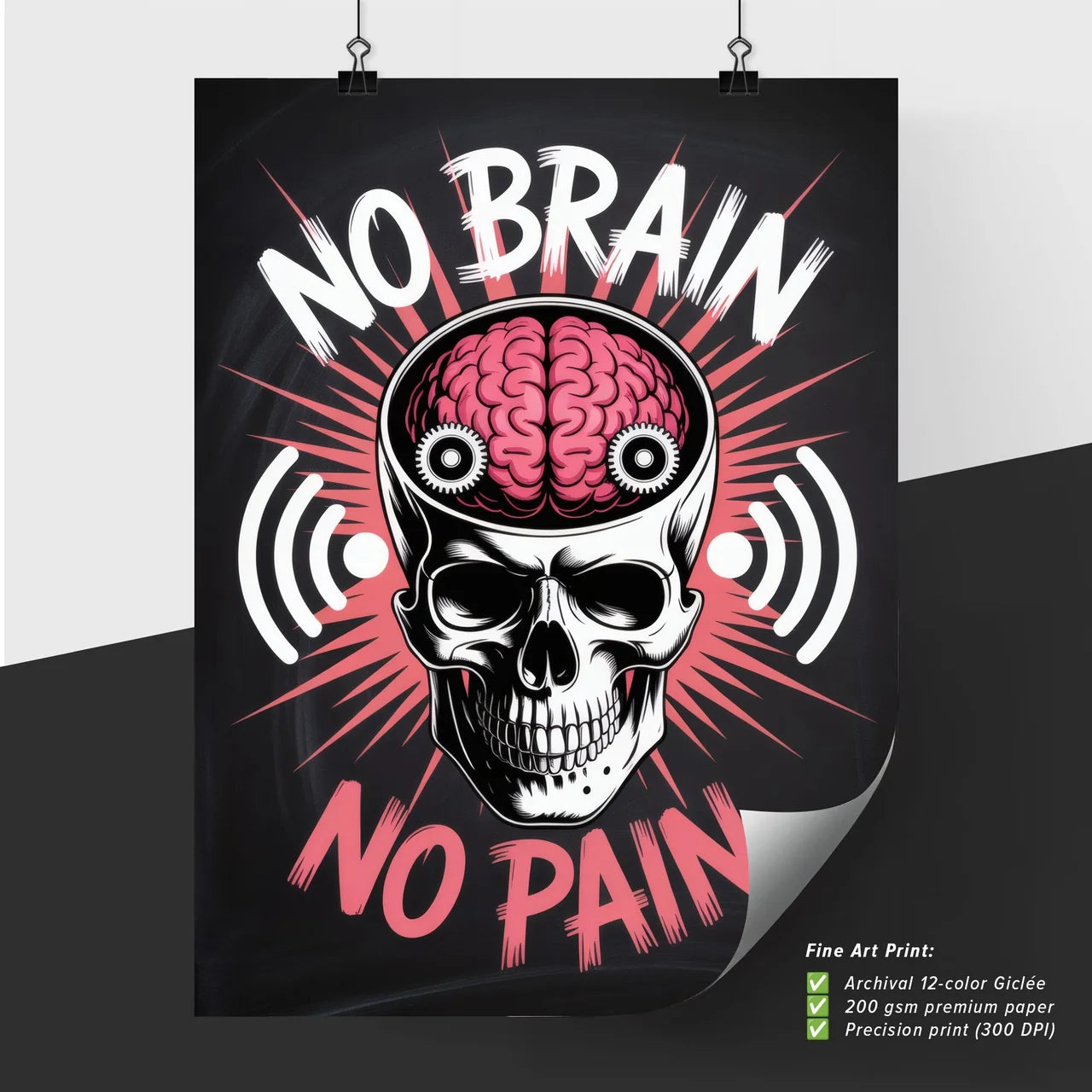 Bold Graphic Design Featuring Skull and Brain with Motivational Phrase 'No Brain, No Pain'
