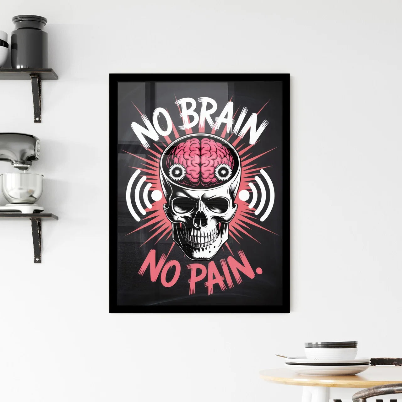 Bold Graphic Design Featuring Skull and Brain with Motivational Phrase 'No Brain, No Pain' Framed Print