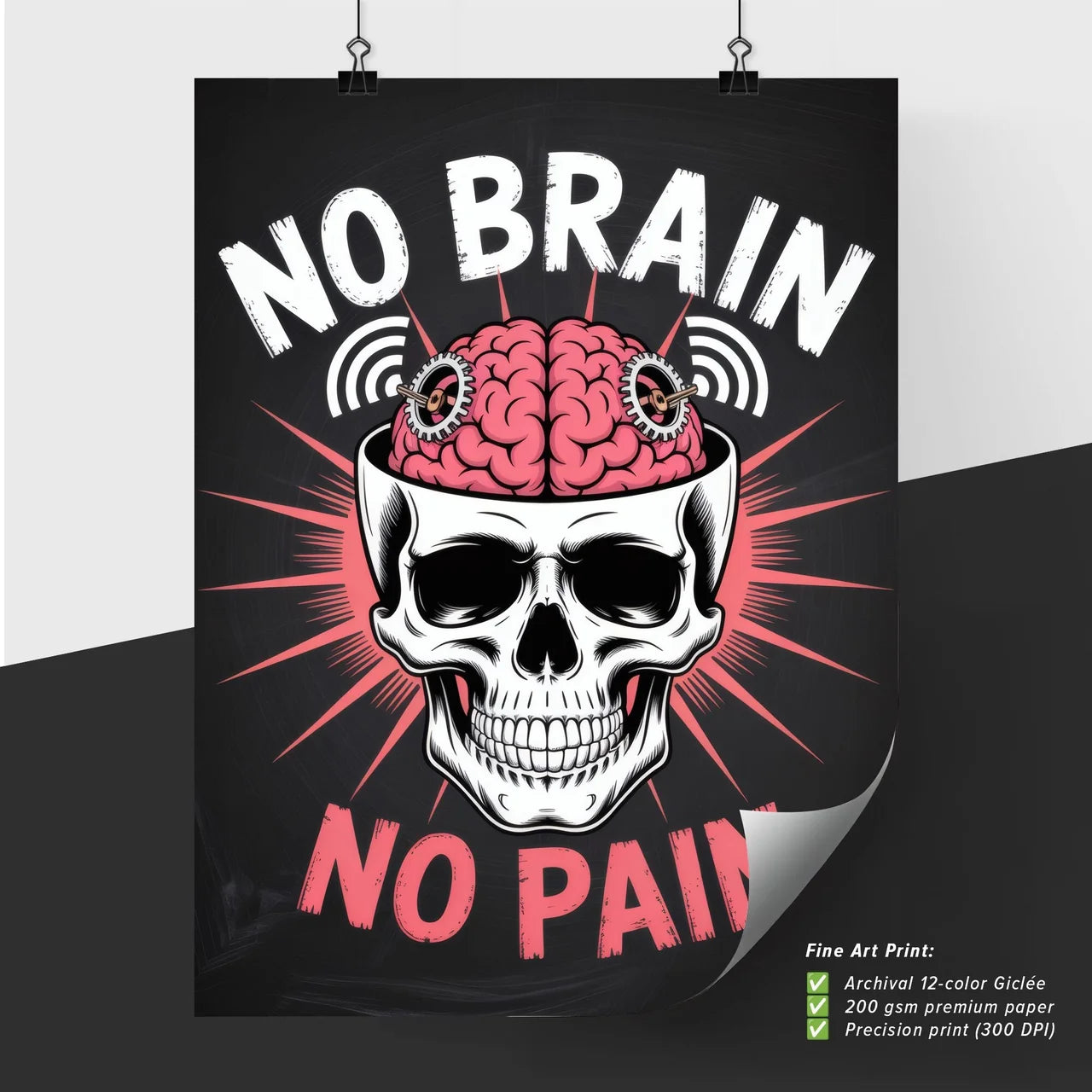 Bold Skull Design with Quirky Brain Theme: Emphasizing the Concept of 'No Brain, No Pain' in Vibrant Colors.
