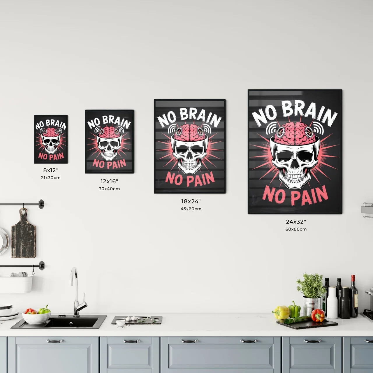 Bold Skull Design with Quirky Brain Theme: Emphasizing the Concept of 'No Brain, No Pain' in Vibrant Colors. Chart