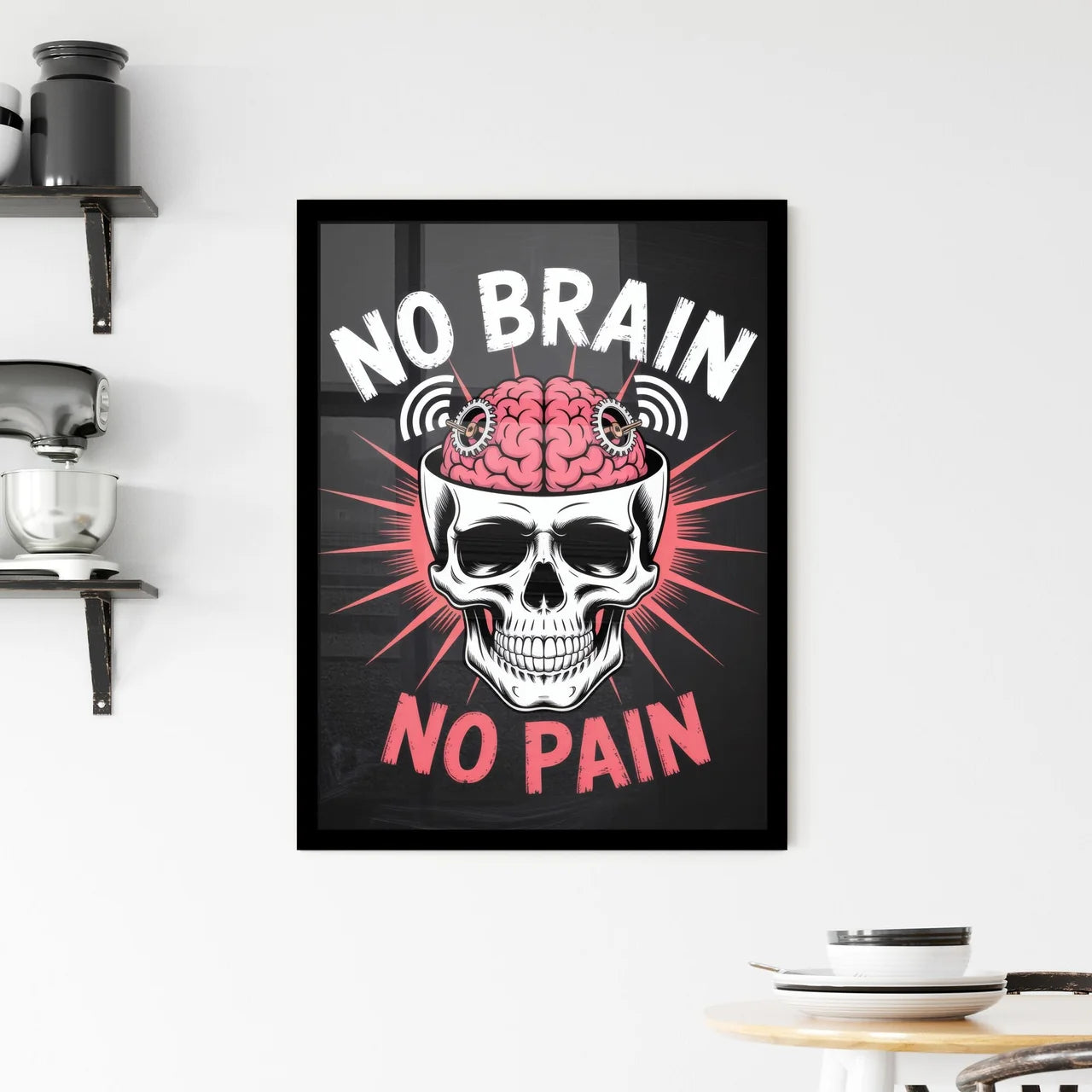 Bold Skull Design with Quirky Brain Theme: Emphasizing the Concept of 'No Brain, No Pain' in Vibrant Colors. Framed Print