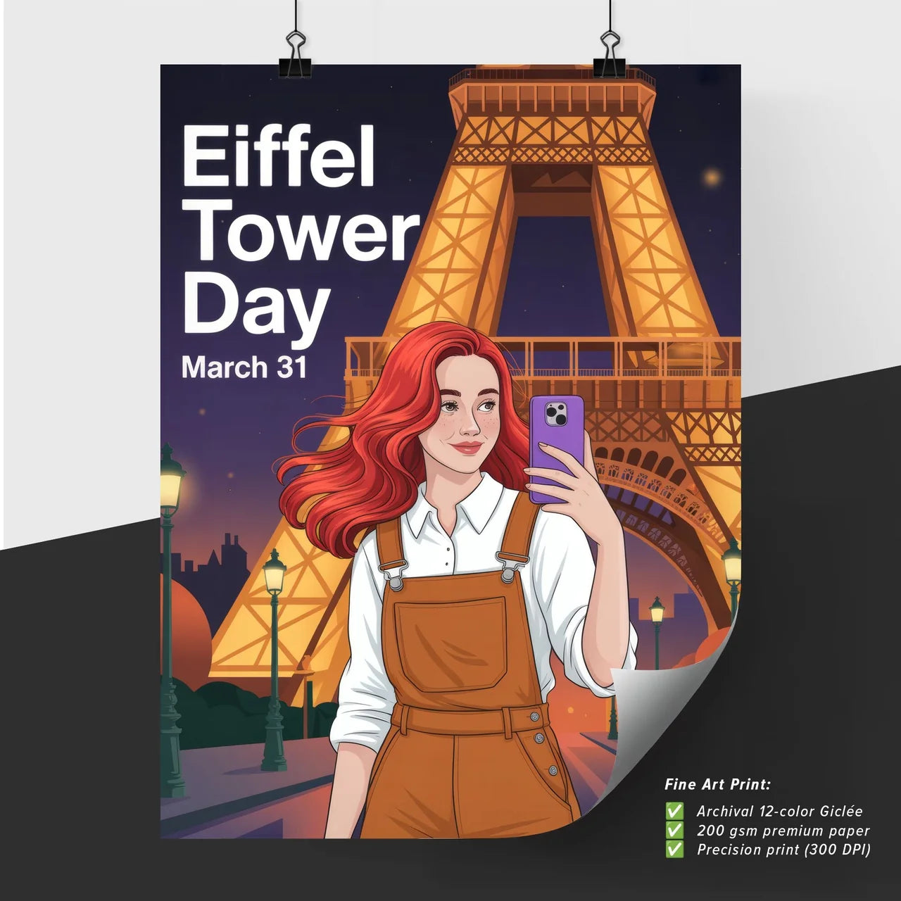 Celebrate Eiffel Tower Day: A Young Woman Enjoying Parisian Nightlife and Taking Selfies