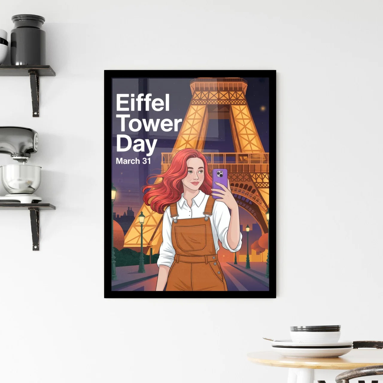 Celebrate Eiffel Tower Day: A Young Woman Enjoying Parisian Nightlife and Taking Selfies Framed Print