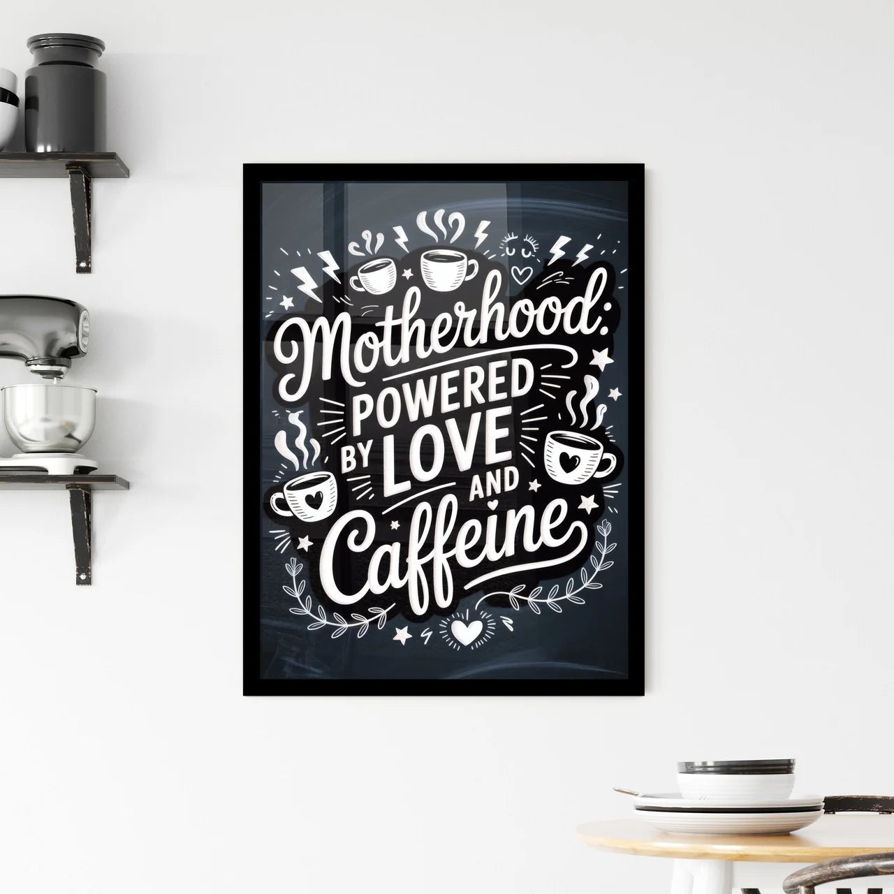 Celebrating Motherhood: A Whimsical Typography Design Highlighting Love and Caffeine Essentials for Moms Framed Print