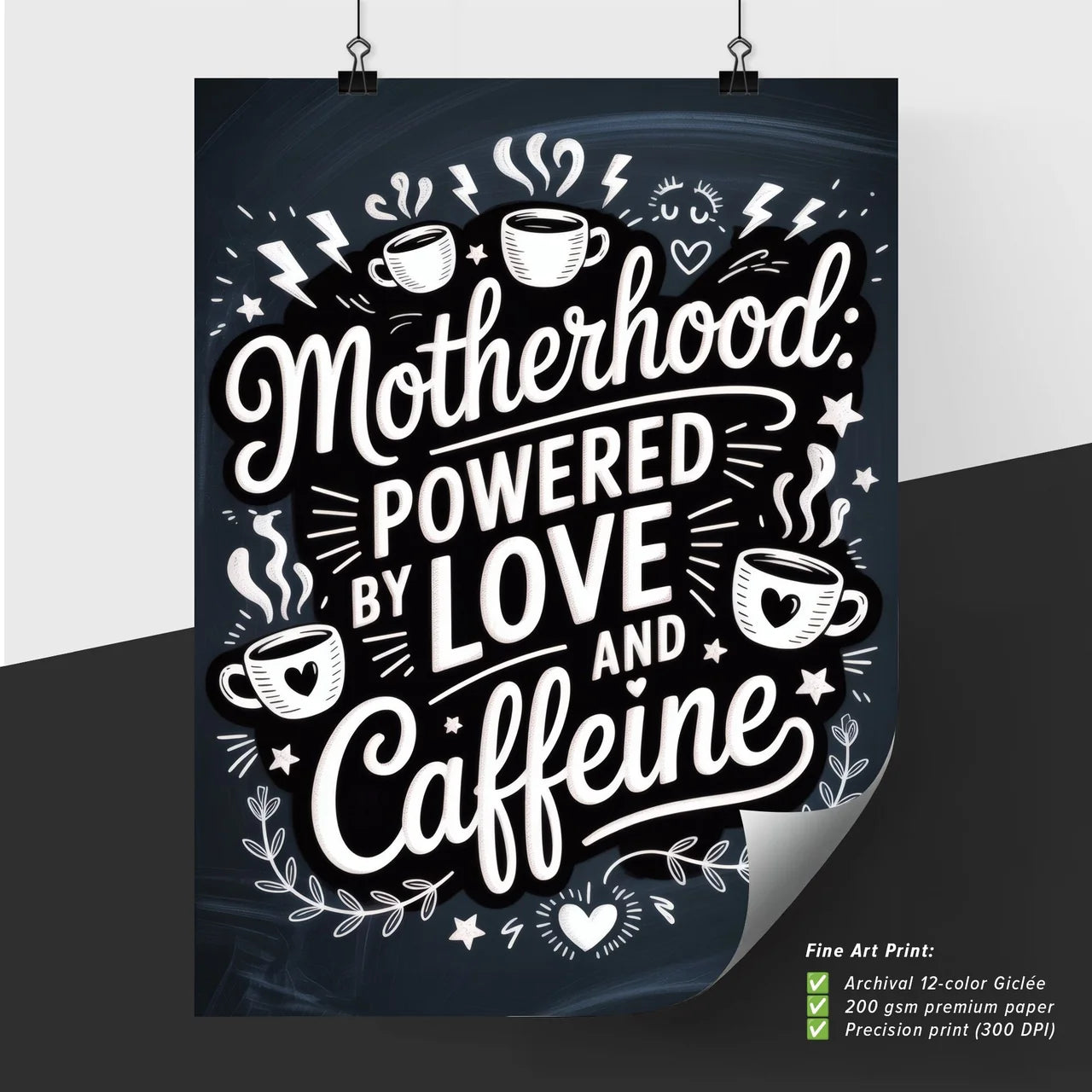 Celebrating Motherhood: A Whimsical Typography Design Highlighting Love and Caffeine Essentials for Moms