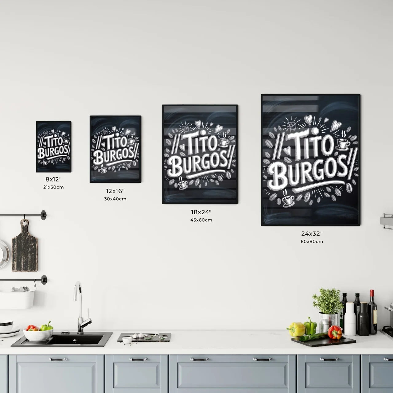 Chalkboard Art Featuring Handwritten Coffee Shop Logo Design for Tito Burgos with Coffee Beans and Hearts. Chart