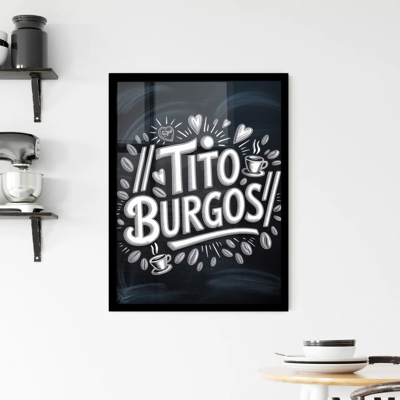 Chalkboard Art Featuring Handwritten Coffee Shop Logo Design for Tito Burgos with Coffee Beans and Hearts. Framed Print