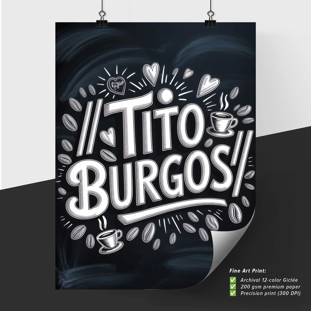 Chalkboard Art Featuring Handwritten Coffee Shop Logo Design for Tito Burgos with Coffee Beans and Hearts.