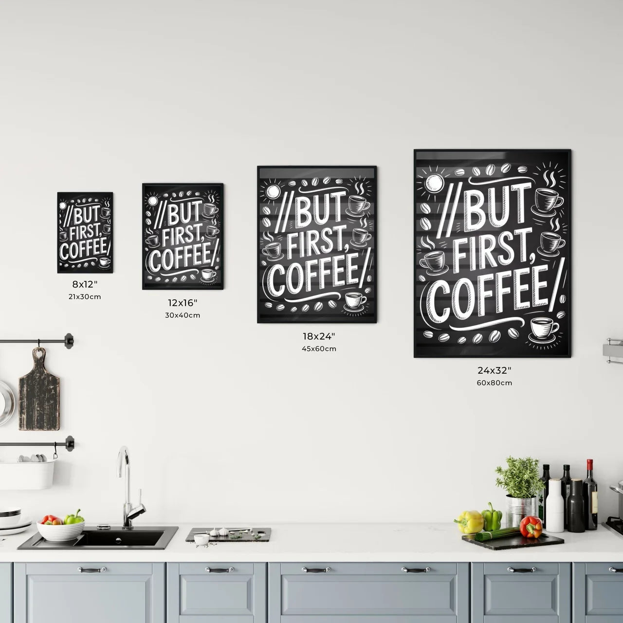 Chalkboard Style Coffee Quote: 'But First, Coffee' with Coffee Cups and Beans Illustration. Chart