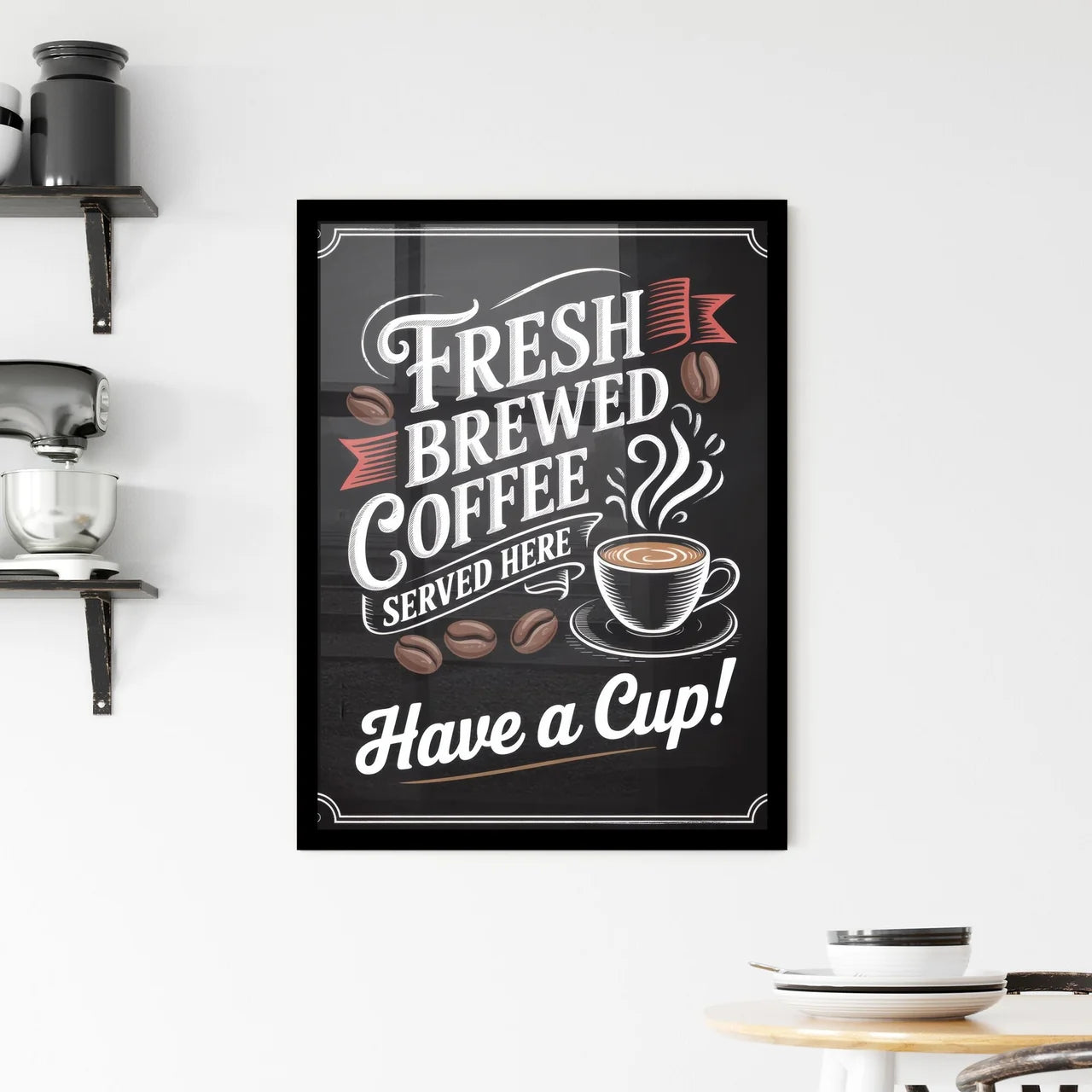 Chalkboard Style Fresh Brewed Coffee Sign – Enjoy Your Perfect Cup Here! Framed Print
