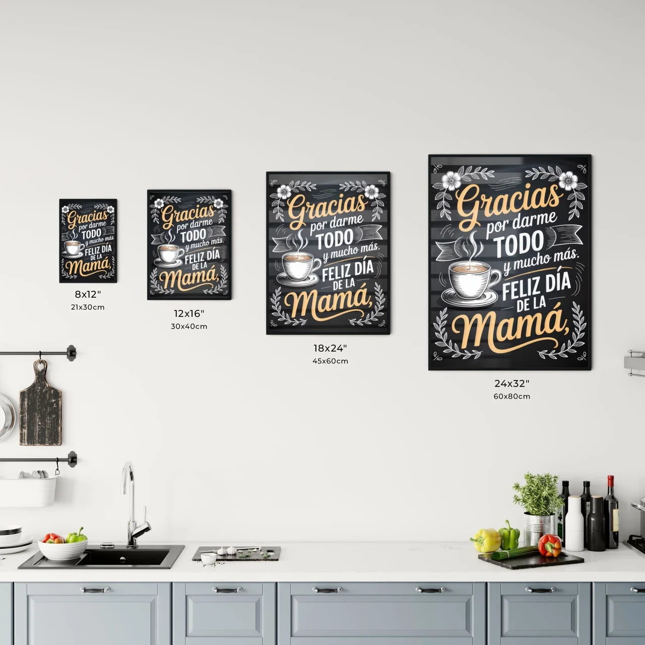 Chalkboard Style Mother's Day Typography with Coffee Cup Illustration and Floral Elements. Chart
