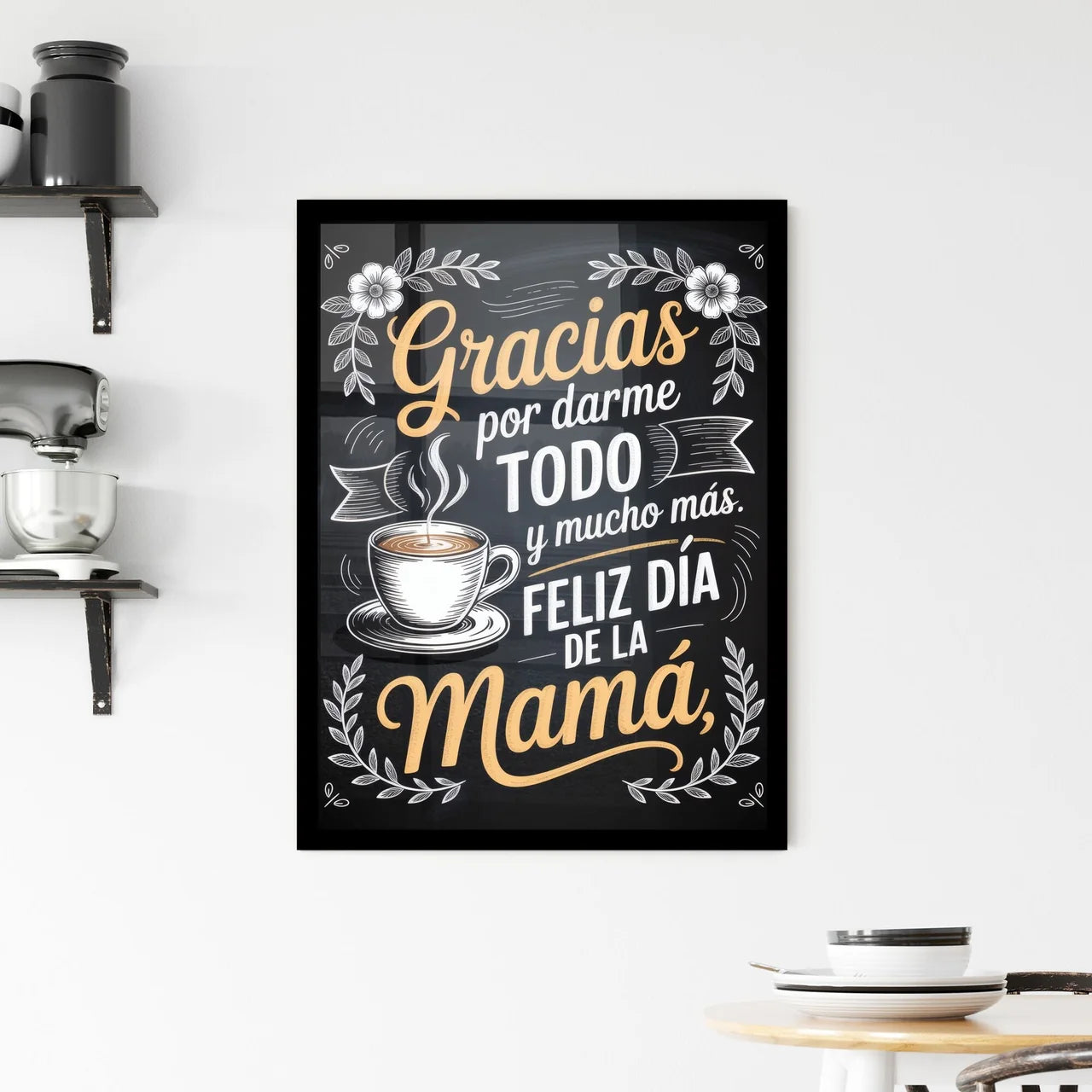 Chalkboard Style Mother's Day Typography with Coffee Cup Illustration and Floral Elements. Framed Print