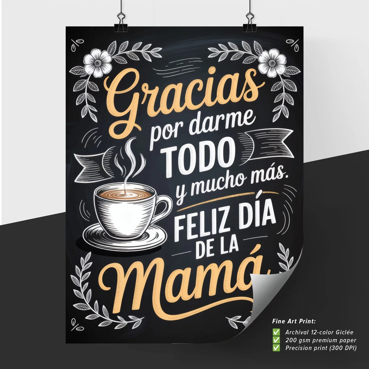 Chalkboard Style Mother's Day Typography with Coffee Cup Illustration and Floral Elements.