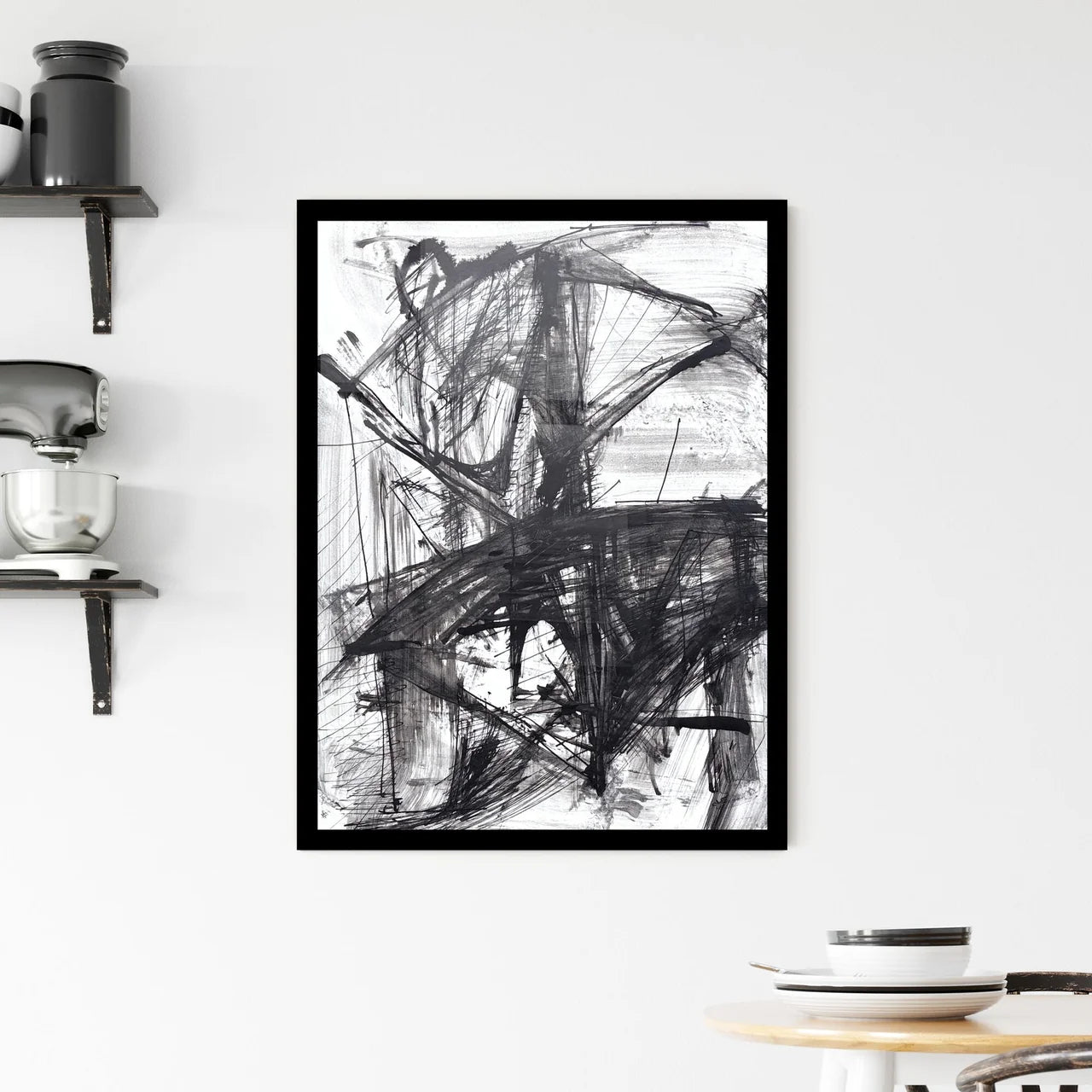 Chaos in Monochrome: An Exploration of Abstract Tensions and Balance Framed Print