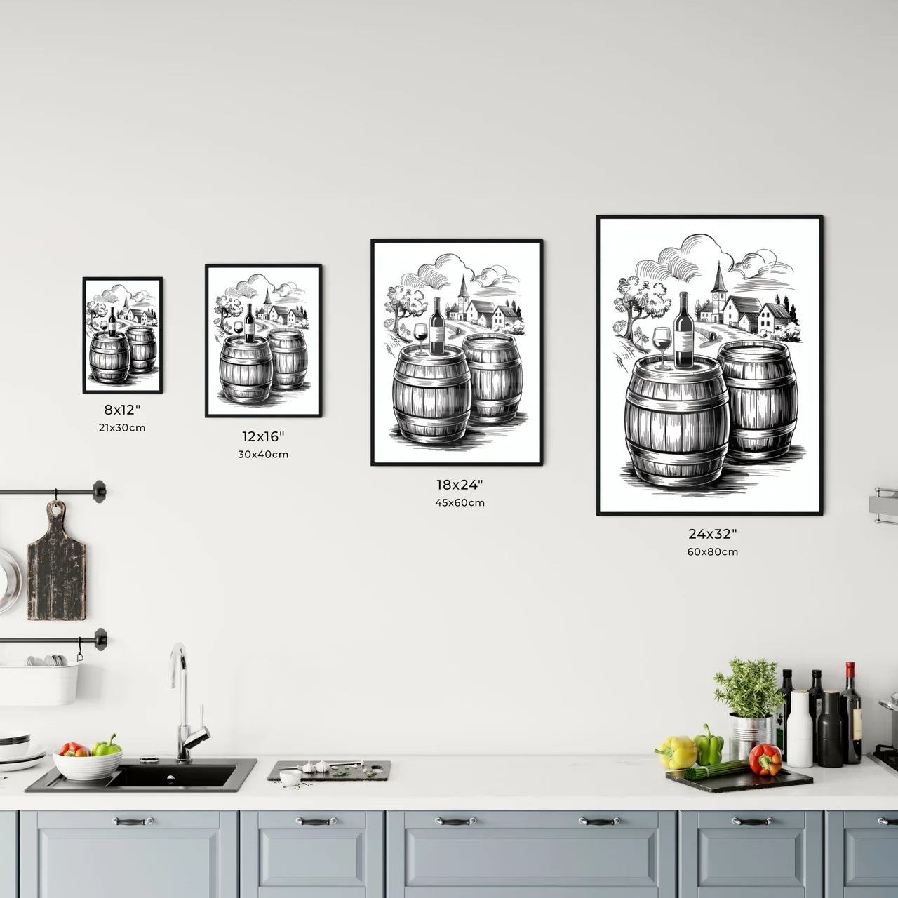 Charming countryside scene with wine barrels, a bottle, and glass set against a picturesque village backdrop. Chart