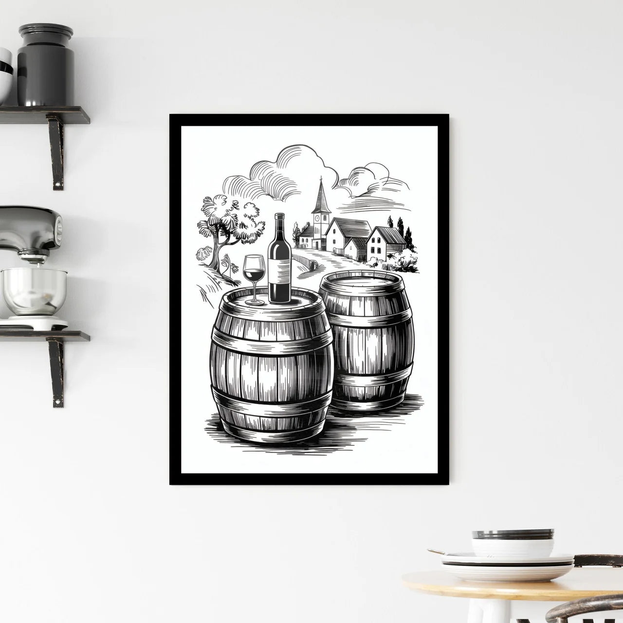 Charming countryside scene with wine barrels, a bottle, and glass set against a picturesque village backdrop. Framed Print