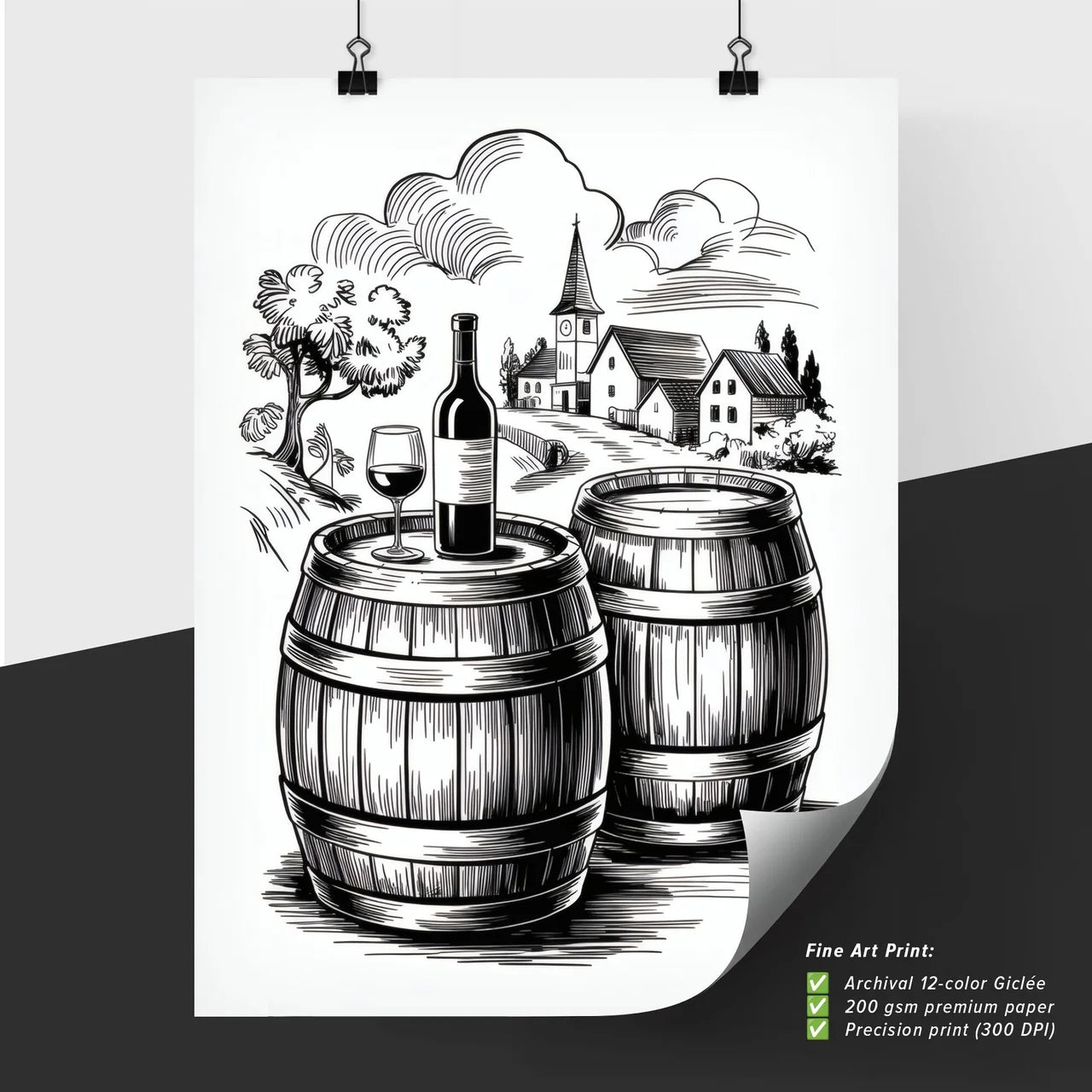 Charming countryside scene with wine barrels, a bottle, and glass set against a picturesque village backdrop.
